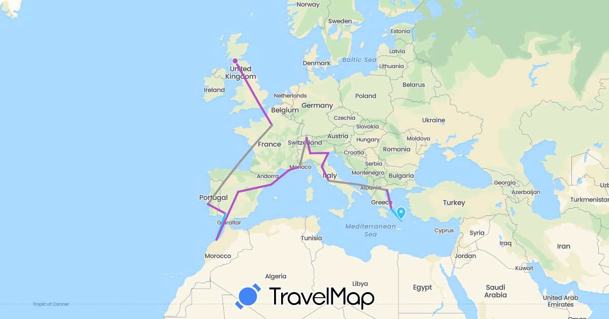 TravelMap itinerary: driving, plane, train, boat in Switzerland, Spain, France, United Kingdom, Greece, Italy, Morocco, Portugal (Africa, Europe)
